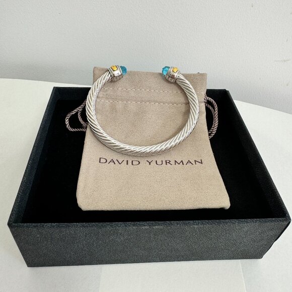 David Yurman Sterling Silver 7mm Blue Topaz and 14K Gold Cable Cuff Bracelet - Picture 2 of 5